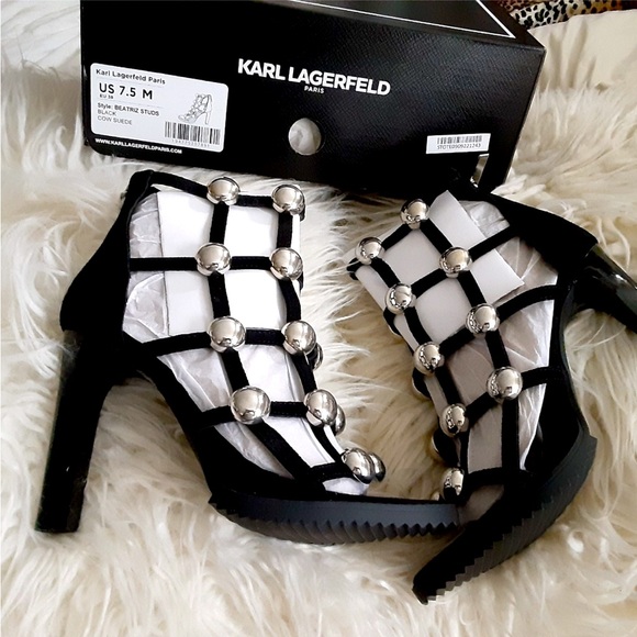 Karl Lagerfeld Paris Cagey Heels Black Leather Silver Pearls Tried on - Picture 4 of 5